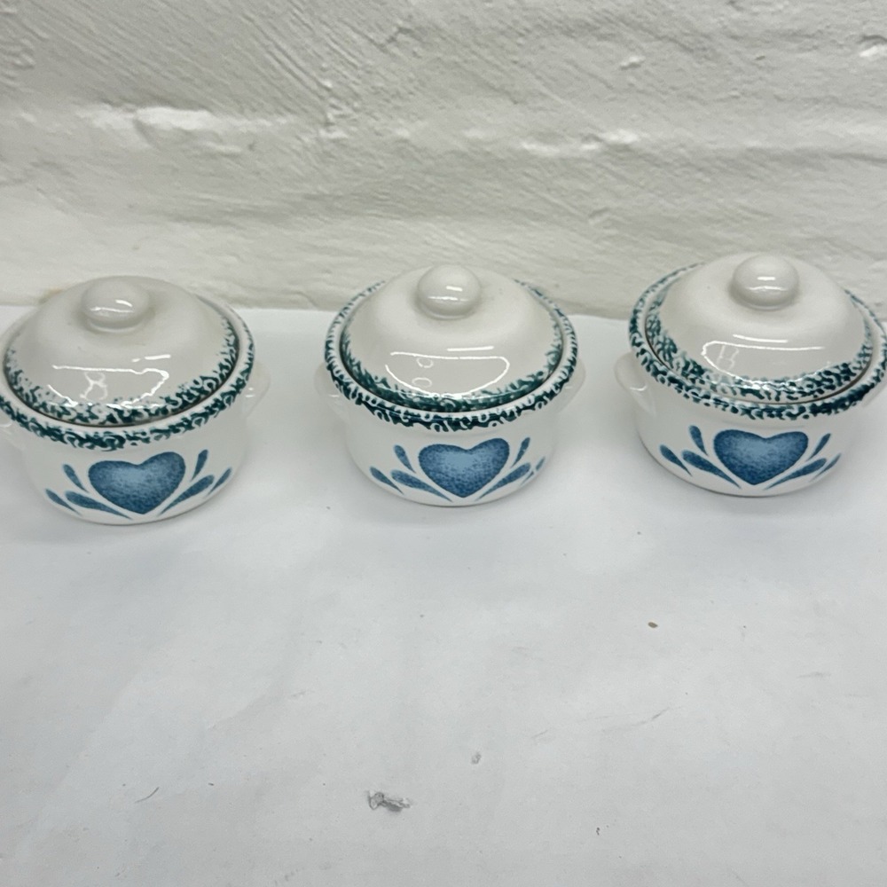 Vintage Set of Spongeware Blue Heart Crock with Lids 3 Country Grandmacore Farm